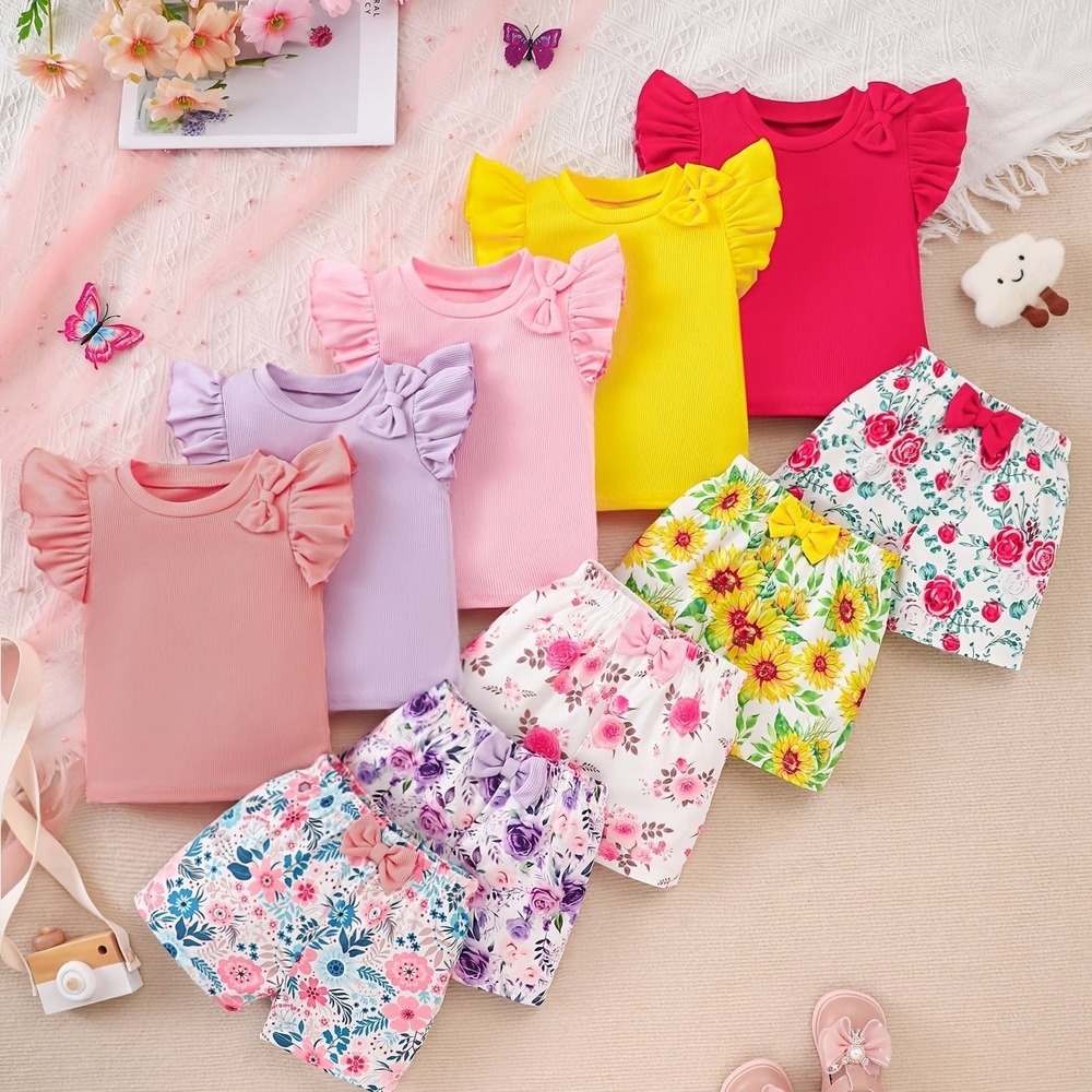 Baby‎ Girls 10 Piece Ribbed Flutter Sleeve Top and Floral Shorts Set 6-9M Multi